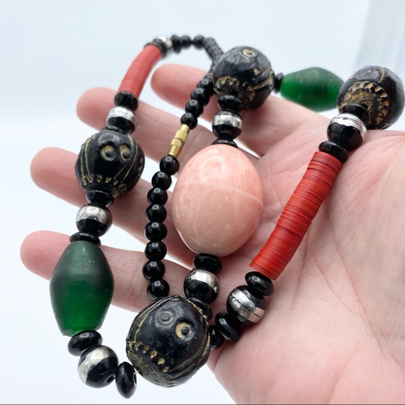 Artisan Vintage African Wood Ceramic Glass Tribal Bohemian Necklace - Picture 3 of 11